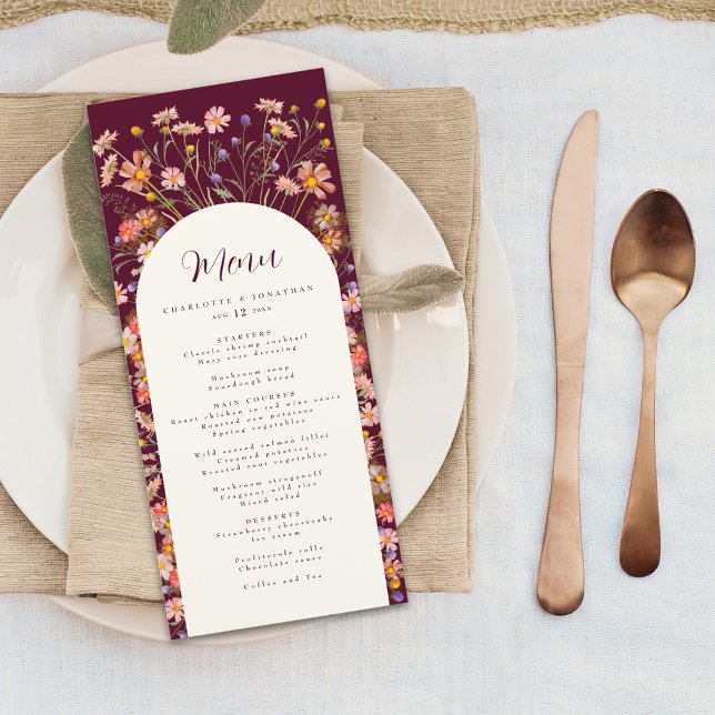 Boho Floral Arch Fall Burgundy Wedding Menu (Boho fall rustic Wildflower floral arch burgundy Wedding menu Card watercolor flowers elegant script)