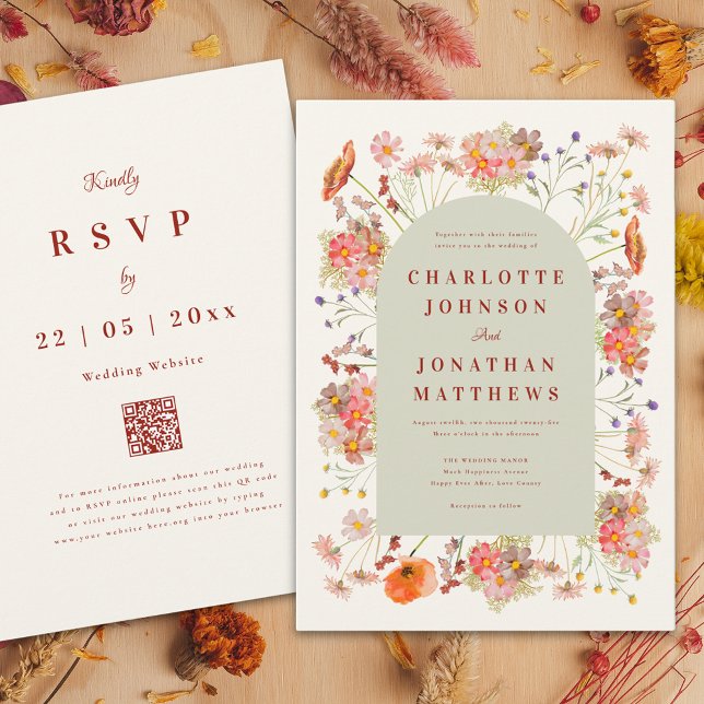 Boho Floral Arch Fall Wedding Invitation (Burnt orange wildflower sage green wedding invitation )