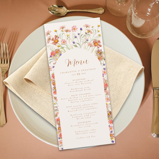 Boho Floral Arch Fall Wedding Menu (Boho rustic floral arch fall wedding menu watercolor wildflowers elegant script Beige cream ivory)