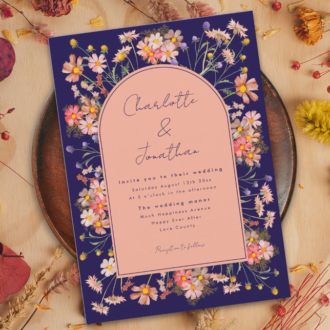 Boho Floral Arch Navy Blue Fall Wedding Invitation (Boho floral arch navy blue fall wedding with watercolor wildflowers and whimsical script )