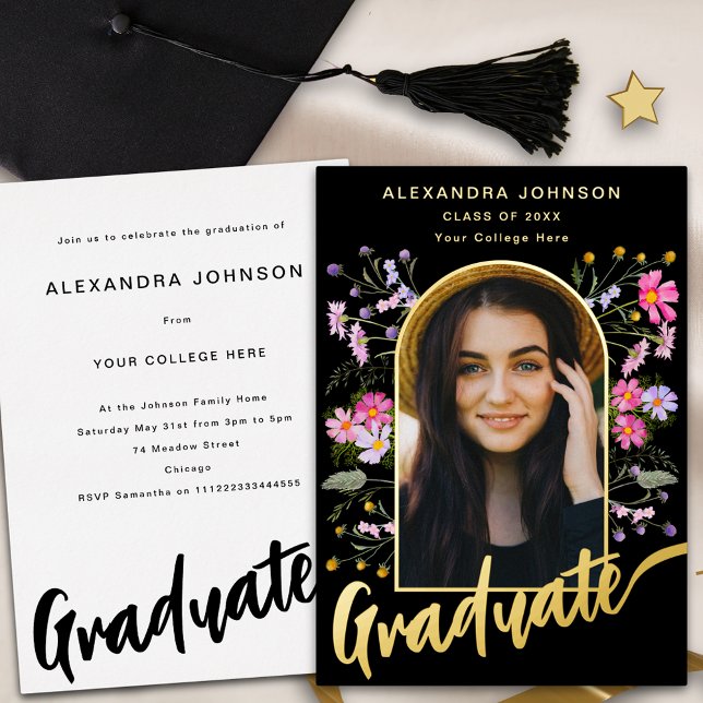 Boho Floral Arch Photo Script Grad Party Gold (Boho floral graduate photo arch pink black and gold foil script Graduation party invitation)