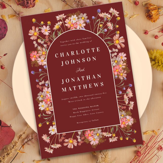 Boho Floral Arch Terracotta Fall Wedding Invitation (Wildflower arch elegant script burgundy terracotta fall wedding invitation boho chic design)