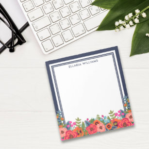 Boho Floral Arrangement - Navy Blue & White - Name Notepad