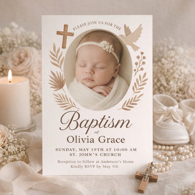Boho Floral Baby Baptism Portrait  Invitation (Baby Girl Baptism Invitation with Photo, Cross and Dove in Beige)