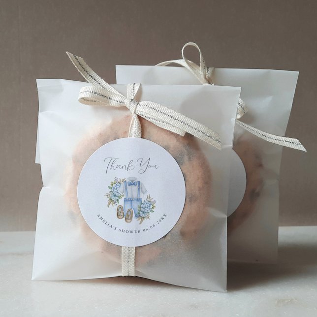 Boho Floral Baby Boy Shower Thank You Classic Round Sticker (Creator Uploaded)
