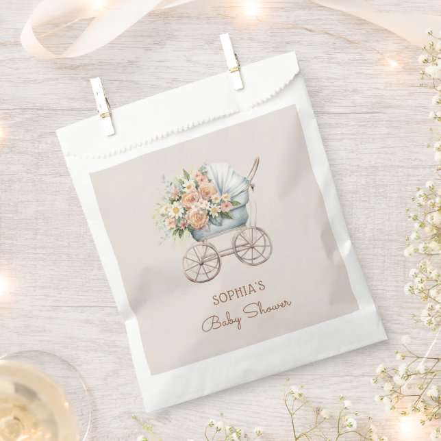 Boho Floral Baby Carriage Baby Shower Favour Bag (Clipped)