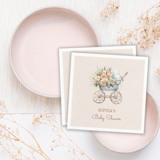 Boho Floral Baby Carriage Baby Shower Napkin (Creator Uploaded)