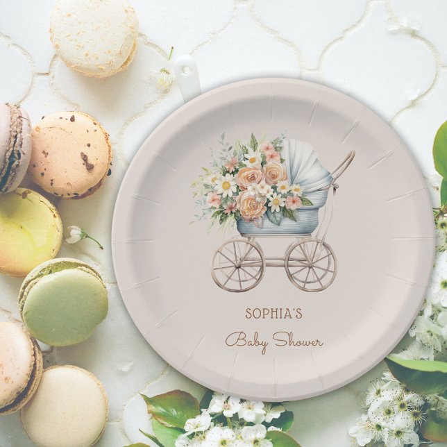 Boho Floral Baby Carriage Baby Shower Paper Plate (Creator Uploaded)