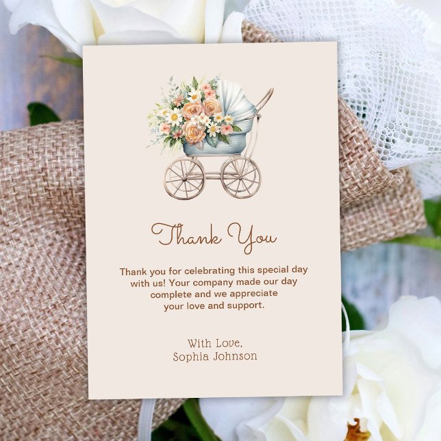 Boho Floral Baby Carriage Baby Shower Thank You Card (Creator Uploaded)