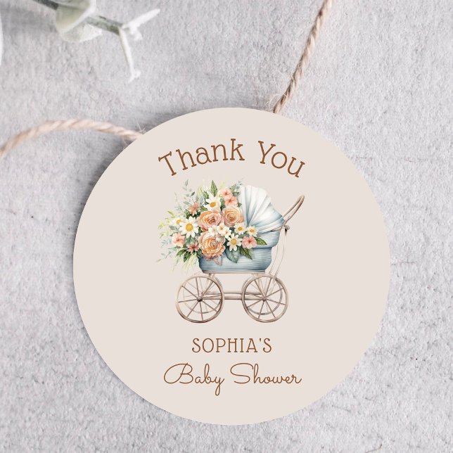 Boho Floral Baby Carriage Baby Shower Thank You Classic Round Sticker (Creator Uploaded)