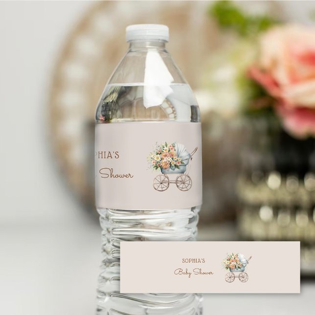 Boho Floral Baby Carriage Baby Shower Water Bottle Label (Creator Uploaded)