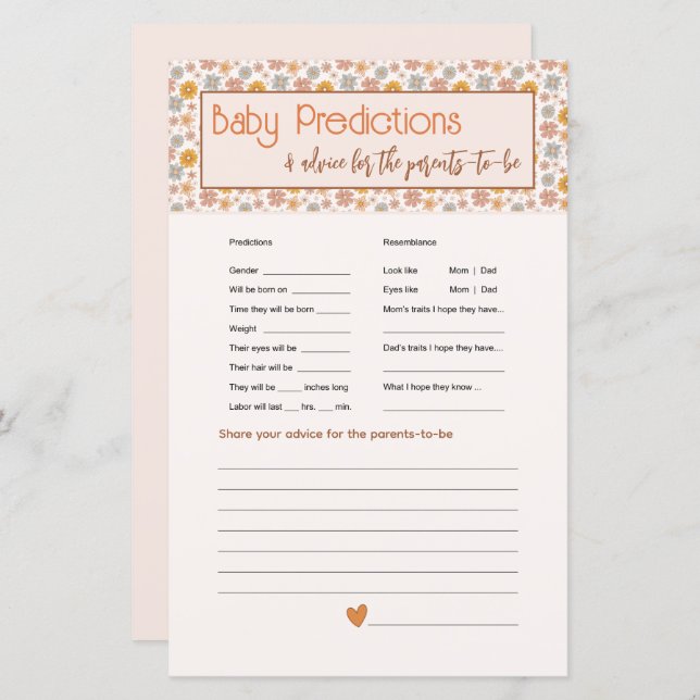 Boho Floral Baby Predictions Advice Card Game (Front/Back)