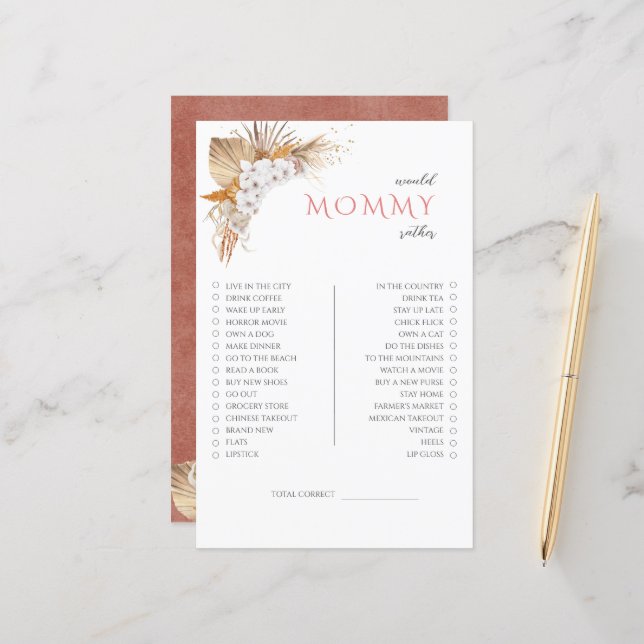 Boho Floral Baby Shower Game Would Mummy Rather (Front/Back In Situ)