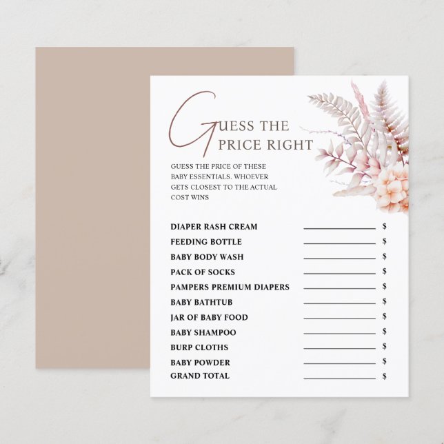 Boho Floral Baby Shower Guess The Price Right Game (Front/Back)