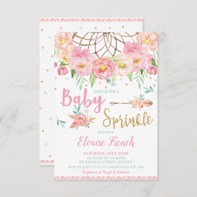 Boho Floral Baby Shower Sprinkle Dream Catcher Invitation (Front/Back)
