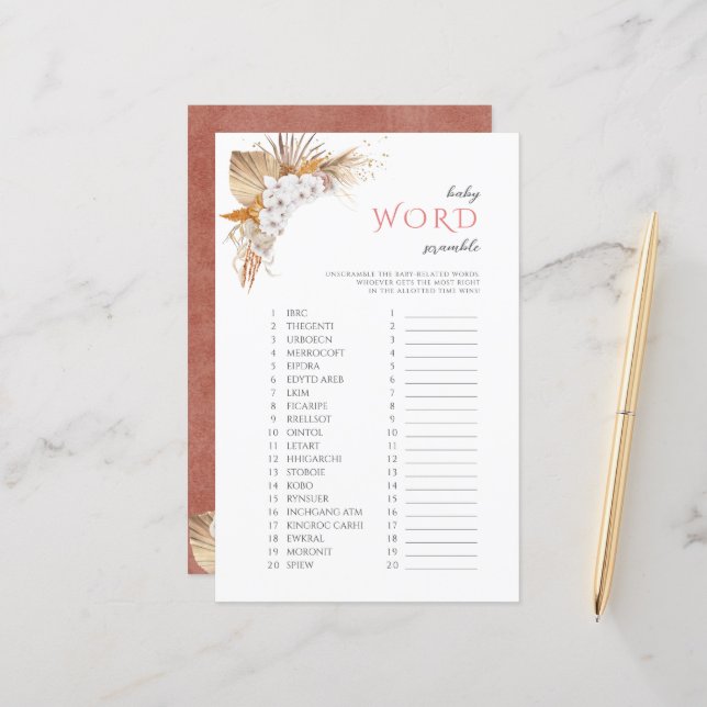 Boho Floral BabyWord Scramble Baby Shower Game (Front/Back In Situ)