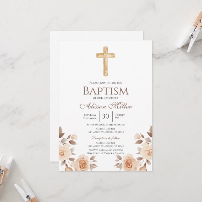 Boho Floral Baptism  Invitation (Front/Back In Situ)