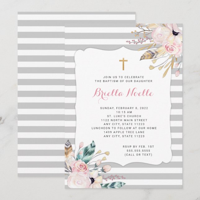 Boho Floral Baptism or First Communion invitations (Front/Back)