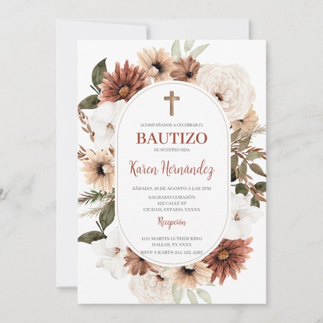 Boho Floral Baptism Spanish Invitation (Front)