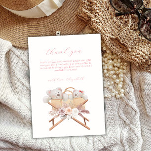 Boho Floral Bear Bassinet Girl Baby Shower Thank You Card