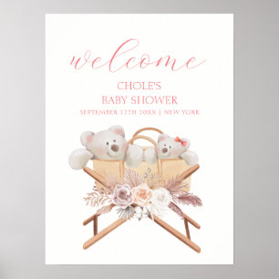 Boho Floral Bear Bassinet Girl Baby Shower Welcome Poster