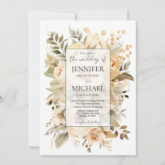 Boho Floral | Beige and Gold | QR Code Wedding Invitation