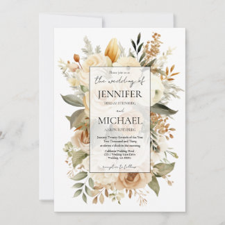 Boho Floral | Beige and Gold | QR Code Wedding Invitation