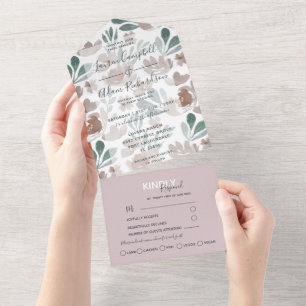 Boho Floral Beige Brown Watercolor Wedding All In One Invitation