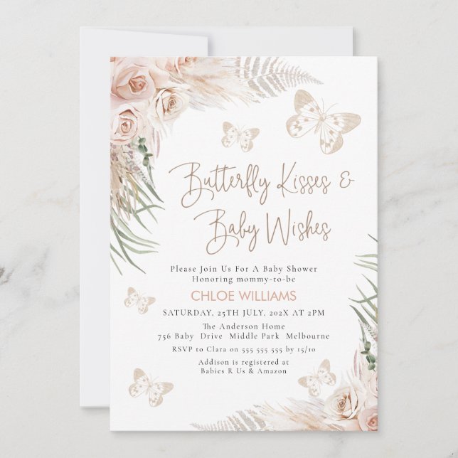 Boho Floral Beige Butterfly Kisses Baby Shower Invitation (Front)