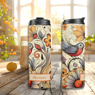 Boho Floral Bird Folk Art Nature Summer Thermal Tumbler