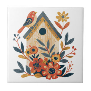 Boho Floral Bird House Scandinavian Folk Art Ceramic Tile