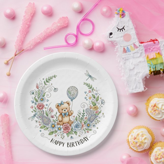 Boho floral birthday bear paper plate (Party)