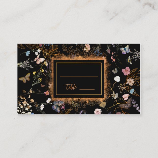 Boho Floral Black Butterfly Garden Wedding    Place Card (Front)