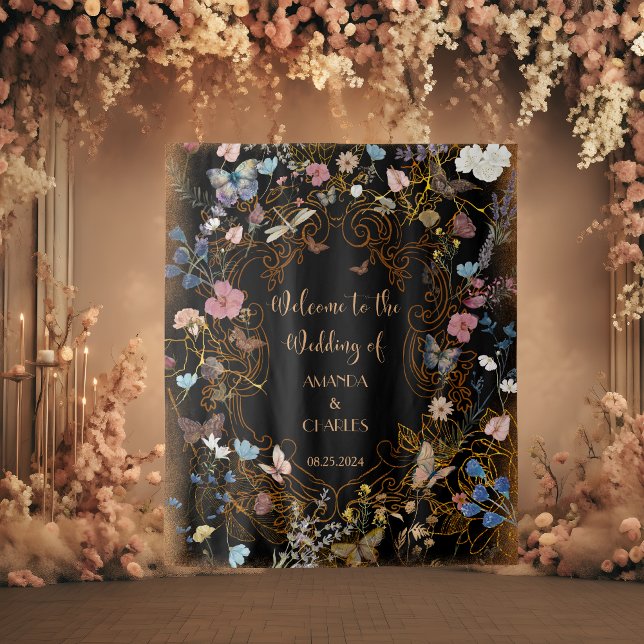  Boho Floral Black Butterfly Garden Wedding Tapestry (Creator Uploaded)
