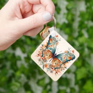 Boho Floral Blossom Butterfly Meadow Watercolor Key Ring