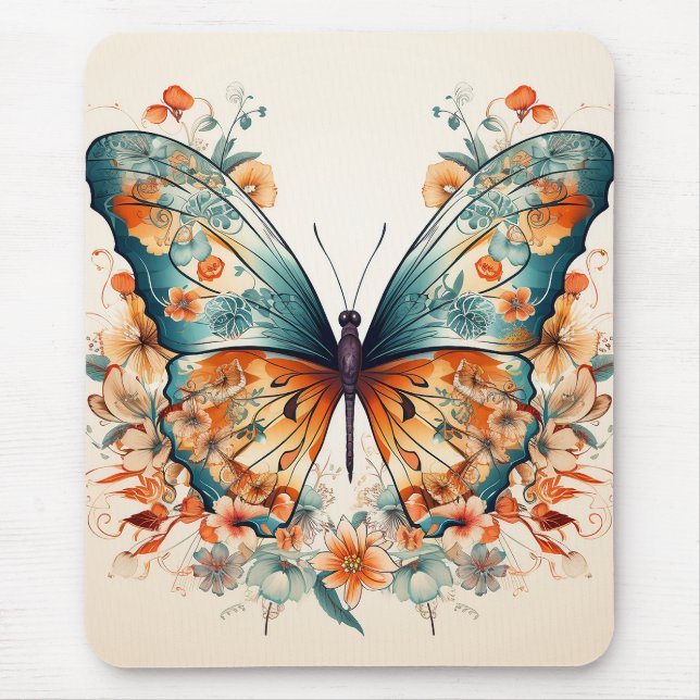 Boho Floral Blossom Butterfly Meadow Watercolor Mouse Pad (Front)