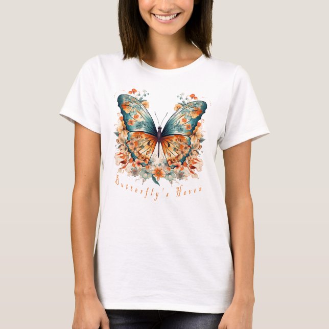 Boho Floral Blossom Butterfly Meadow Watercolor T-Shirt (Front)