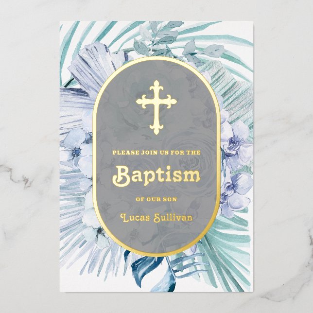 Boho Floral Blue Bouquet Baptism Foil Invitation (Front)