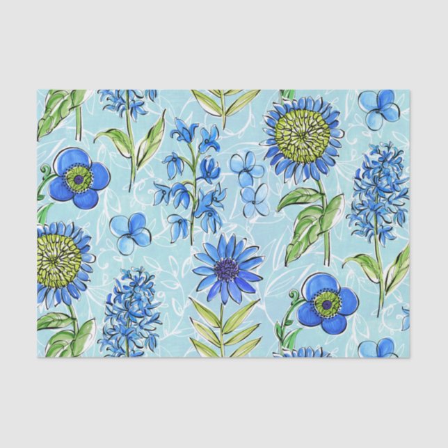 Boho Floral Blue Decoupage Tissue Paper (Front)