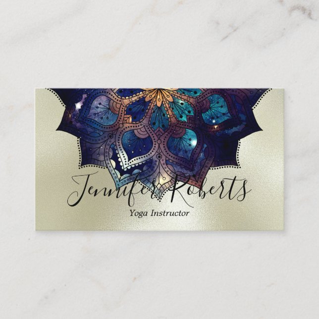 Boho Floral Blue Mandala Chic Yoga Instructor Gold Business Card (Front)