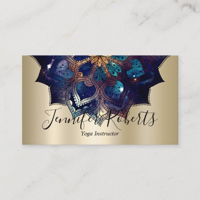 Boho Floral Blue Mandala Chic Yoga Instructor Gold Business Card (Front)