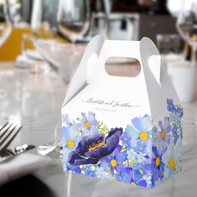 Boho Floral Blue Wedding Thank You Favour Box (Elegant blue summer floral wedding favor box with stylish typography script & watercolor wildflowers)