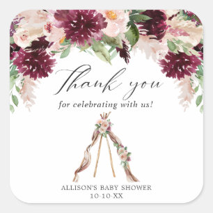 Boho floral blush pink marsala teepee thank you square sticker