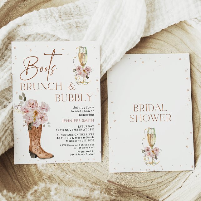 Boho Floral Boot Boot Brunch Bubble Bridal Shower Invitation (Boots brunch and bubbly bridal shower invitation in a bohemian style with cowboy boots and glass.)