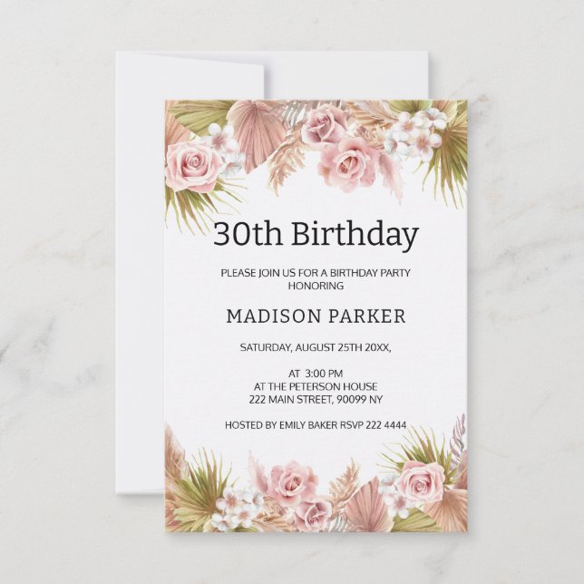 Boho Floral Border Bouquet Birthday Invitation (Front)