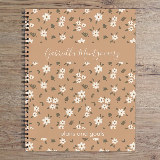 Boho Floral Botanical Pattern Girl Brown Name Text Notebook (Creator Uploaded)