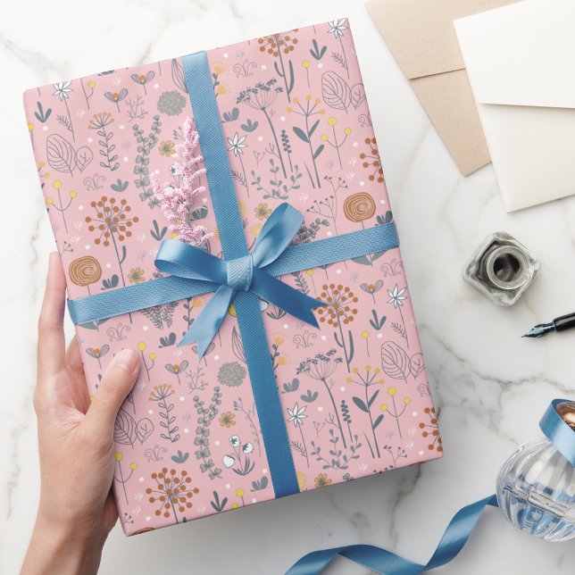 Boho Floral Botanical Retro Pink  Wrapping Paper (Creator Uploaded)