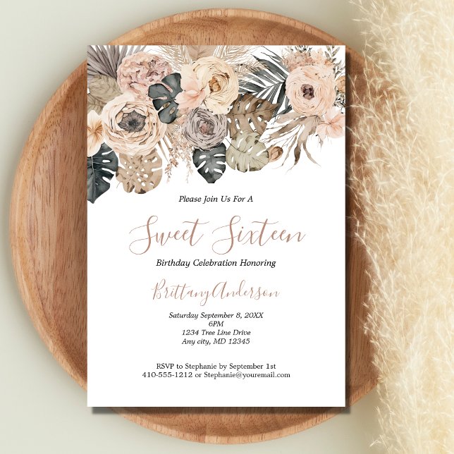 Boho Floral Botanical Sweet Sixteen 16 Birthday Invitation (Blush Pink White Gray Brown Boho Floral Botanical Sweet Sixteen Birthday Invitation)