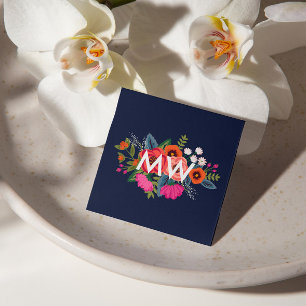 Boho Floral Bouquet - Navy Blue - Monogram Square Business Card