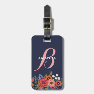 Boho Floral Bouquet - Navy Blue & Pink Monogram Luggage Tag